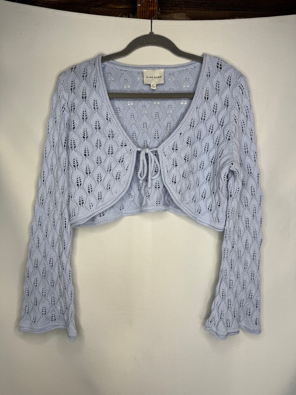 Pink Rose Light Blue Tie Front Cropped Cardigan Sweater Bell Sleeve Women XL